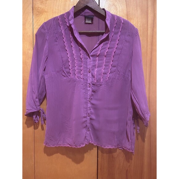 VTG Y2K Tailor B Moss Sheer Purple Blouse-Lace-Tie‎ Sleeve-Sz S-Fairy-Whimsigoth - Picture 1 of 10